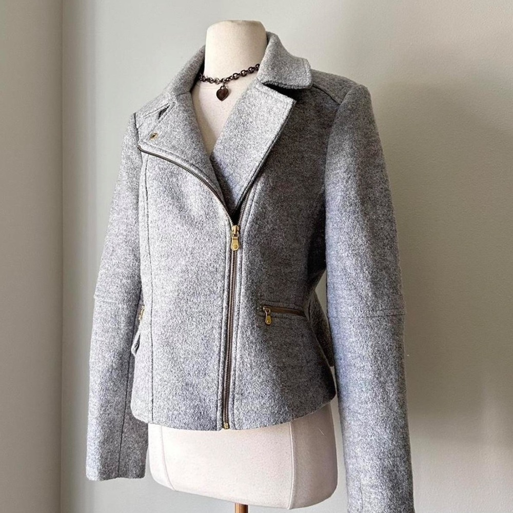 Banana Republic Moto Grey Boiled Wool laser cut blazer -Sz M-zipperdetails NWOT - Picture 4 of 12
